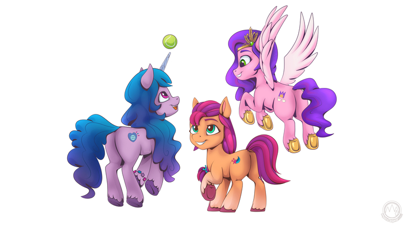 Size: 1920x1080 | Tagged: safe, artist:mysticalpha, derpibooru import, izzy moonbow, pipp petals, sunny starscout, pony, ball, g5, horn, hornball, image, jpeg, simple background, white background