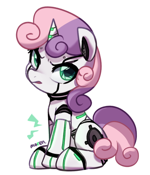 Size: 1452x1697 | Tagged: safe, artist:maren, derpibooru import, sweetie belle, robot, unicorn, image, looking at you, png, simple background, sitting, sweetie bot, white background