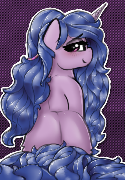 Size: 1362x1960 | Tagged: safe, artist:llametsul, derpibooru import, izzy moonbow, pony, unicorn, my little pony: a new generation, butt, colored, explicit source, eyebrows, eyebrows visible through hair, eyeshadow, female, fluffy, g5, high res, image, izzy moonbutt, looking at you, looking back, looking back at you, makeup, mare, png, smiling, smiling at you, solo, tail