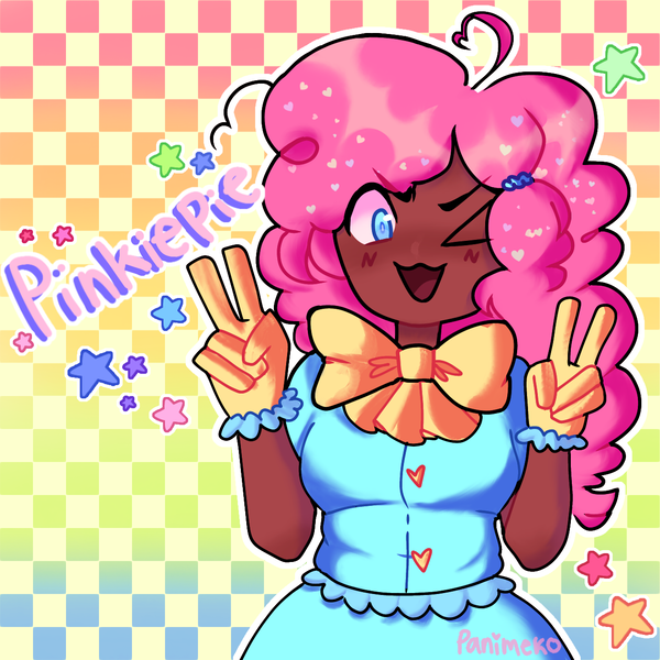 Size: 1280x1280 | Tagged: safe, artist:panimeko, derpibooru import, pinkie pie, human, blackwashing, bowtie, clothes, dark skin, dress, female, gloves, humanized, image, one eye closed, open mouth, png, solo, wink