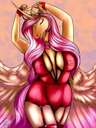 Size: 2400x3200 | Tagged: suggestive, artist:fish-bowl, derpibooru import, part of a set, oc, oc:princess fluttershy, alicorn, anthro, alicorn oc, alternate character design, alternate cutie mark, alternate hairstyle, alternate universe, areola, colored wings, commission, element of kindness, heart areola, hoers, horn, image, jewelry, lipstick, multicolored nails, playing card, png, tiara, two toned wings, wings, ych result