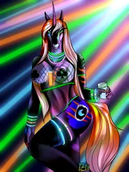 Size: 2400x3200 | Tagged: suggestive, artist:fish-bowl, derpibooru import, part of a set, oc, oc:nightmare chaser, anthro, unicorn, alternate universe, club, commission, drink, female, glowstick, image, implied futa, implied public sex, implied rape, implied vore, laser, party, pasties, playing card, png, rapeface, solo, this will end in rape, wrong cutie mark, ych result