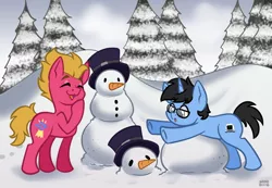 Size: 1248x864 | Tagged: safe, artist:sabrib, derpibooru import, oc, oc:tinker doo, unofficial characters only, glasses, image, laughing, png, silly, snow, snowman, winter