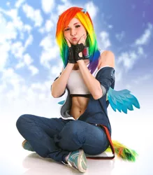 Size: 1080x1231 | Tagged: safe, artist:natsumipon, derpibooru import, rainbow dash, human, belly button, clothes, cosplay, costume, dashface, image, irl, irl human, jpeg, photo, sitting