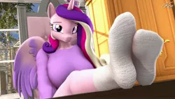 Size: 3840x2160 | Tagged: suggestive, artist:kenaga, derpibooru import, princess cadance, alicorn, anthro, plantigrade anthro, 3d, breasts, busty princess cadance, chair, clothes, feet, feet on table, feet up, foot focus, image, jpeg, looking at you, socks, solo, source filmmaker, stocking feet, sweater, table