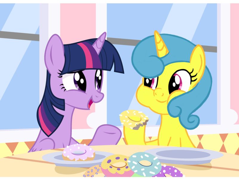 Size: 2732x2048 | Tagged: safe, artist:turnaboutart, derpibooru import, lemon hearts, twilight sparkle, twilight sparkle (alicorn), alicorn, unicorn, background, base used, date, donut, eating, female, food, image, lemonlight, lesbian, plate, png, shipping, talking