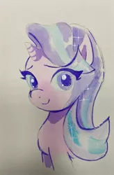 Size: 1223x1865 | Tagged: safe, artist:majoy_tokyo, derpibooru import, starlight glimmer, pony, unicorn, cropped, female, image, jpeg, looking at you, mare, simple background, smiling, solo, traditional art, watercolor painting, white background