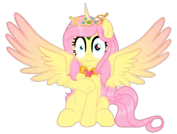 Size: 1587x1204 | Tagged: safe, artist:vizirka, derpibooru import, fluttershy, oc, oc:princess fluttershy, unofficial characters only, alicorn, pony, derpibooru community collaboration, teacher of the month (episode), spoiler:interseason shorts, 2022 community collab, alicorn oc, alicornified, alternate character design, alternate hairstyle, alternate universe, colored wings, commission, element of kindness, friendship is kindness, horn, image, jewelry, my eyes, png, princess fluttershy, race swap, simple background, solo, tiara, two toned wings, white background, wings, wtf face, ych result