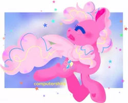 Size: 1203x965 | Tagged: safe, artist:computershits, derpibooru import, pinkie pie, pegasus, pony, alternate cutie mark, confetti, female, galloping, happy, hoof heart, image, jpeg, mare, open mouth, pegasus pinkie pie, prancing, race swap, redesign, simple background, smiling, solo, spread wings, stars, wings