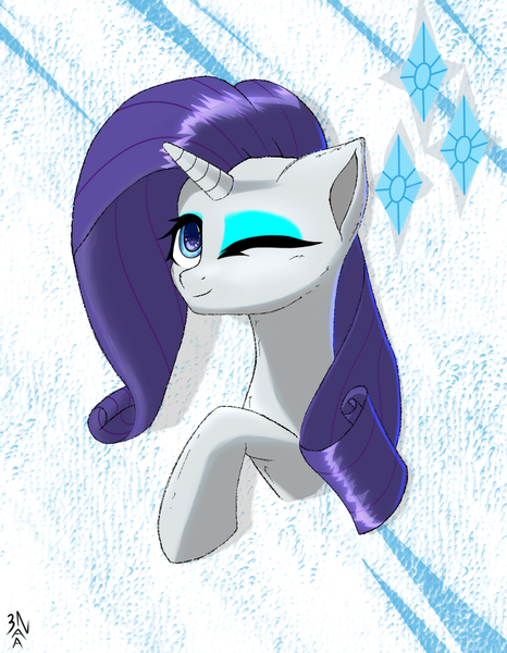 Size: 774x996 | Tagged: safe, artist:3naa, derpibooru import, rarity, pony, unicorn, cutie mark background, female, image, one eye closed, png, solo, wink