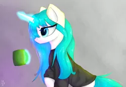 Size: 1280x883 | Tagged: safe, artist:3naa, derpibooru import, oc, unofficial characters only, pony, unicorn, clothes, coffee, female, glow, glowing horn, horn, image, magic, png, solo, telekinesis, tired, unicorn oc