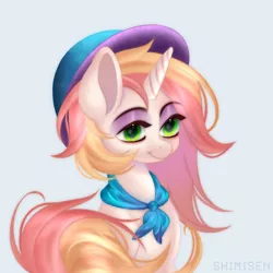 Size: 1600x1600 | Tagged: safe, artist:shimisen, derpibooru import, oc, unofficial characters only, pony, unicorn, bust, female, hat, horn, image, png, simple background, smiling, solo, unicorn oc