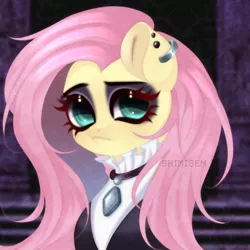 Size: 1800x1800 | Tagged: safe, artist:shimisen, derpibooru import, fluttershy, pegasus, pony, bust, clothes, ear piercing, earring, female, fluttergoth, goth, image, jewelry, piercing, png, solo