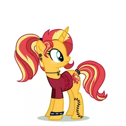 Size: 4000x4000 | Tagged: safe, artist:ginmay, derpibooru import, sunset shimmer, pony, unicorn, alternate hairstyle, bracelet, clothes, ear piercing, earring, female, image, jewelry, necklace, piercing, png, shirt, simple background, solo, spiked wristband, t-shirt, tattoo, white background, wristband