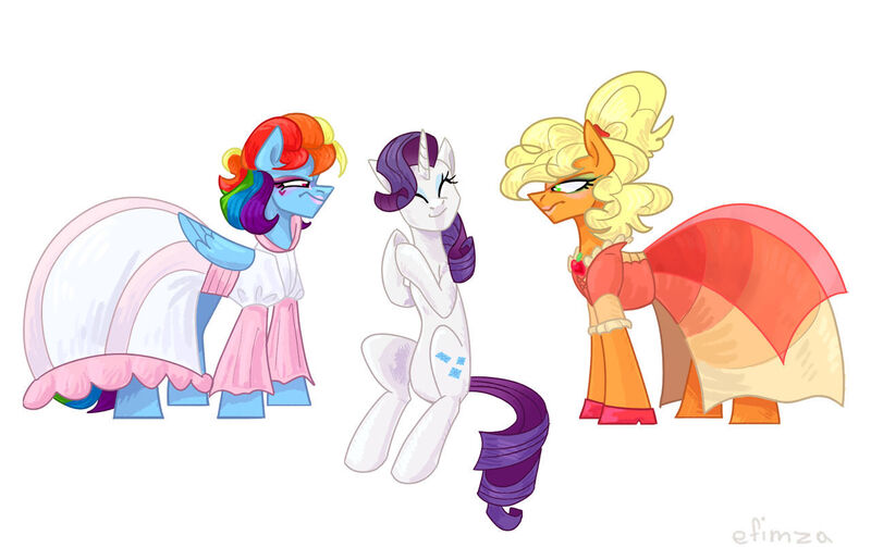 Size: 1280x805 | Tagged: safe, artist:efimza, derpibooru import, applejack, rarity, earth pony, pegasus, unicorn, clothes, dress, eyes closed, female, image, jpeg, makeup, simple background, trio, unamused, white background