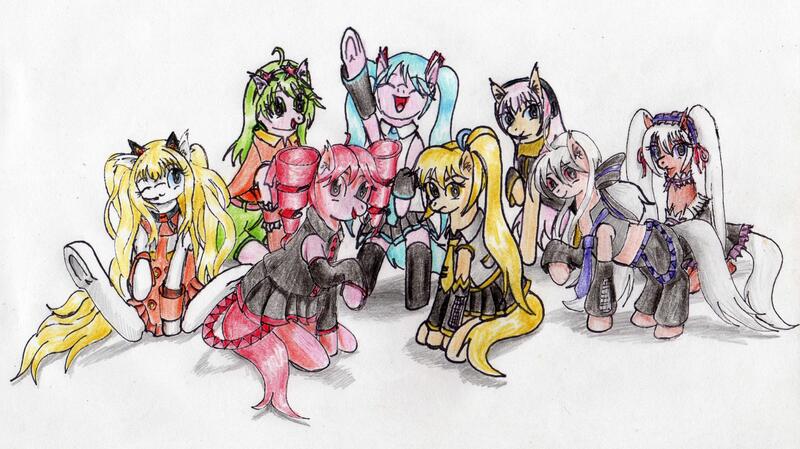 Size: 4490x2519 | Tagged: safe, artist:40kponyguy, derpibooru import, ponified, earth pony, pony, akita neru, aku (vocaloid), belt, bipedal, clothes, derpibooru exclusive, ear fluff, female, gumi, hatsune miku, image, jpeg, kasane teto, looking at you, mare, megarune luka, pigtails, pleated skirt, ponytail, seeu, simple background, skirt, traditional art, twintails, underhoof, vocaloid, yowane haku