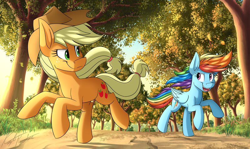 Size: 4096x2438 | Tagged: safe, artist:kaylerustone, derpibooru import, applejack, rainbow dash, earth pony, pegasus, pony, fall weather friends, season 1, applebetes, autumn, cute, dashabetes, duo, female, forest, grass, hat, image, jackabetes, jpeg, leaves, looking at each other, looking at someone, looking back, mare, open mouth, racing, running, scene interpretation, scenery, scenery porn, smiling, sunset, sweet dreams fuel, tree