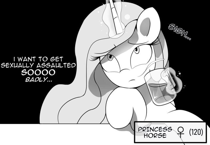 Size: 2950x2040 | Tagged: suggestive, artist:vultraz, princess celestia, ponified, alicorn, pony, bar, black background, drawthread, drunklestia, femsub, grayscale, image, magic, manga style, monochrome, mug, onna yuusha to shota orc, png, sigh, simple background, sitting, slutlestia, solo, stats, sublestia, submissive, tavern, vulgar, younger