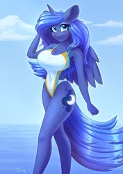 Size: 2480x3508 | Tagged: safe, alternate version, artist:dandy, derpibooru import, princess luna, alicorn, anthro, :3, breasts, busty princess luna, cleavage, clothes, ear fluff, eyeshadow, female, high res, horn, image, looking at you, makeup, one-piece swimsuit, piercing, png, raffle prize, smiling, solo, solo female, swimsuit, wet, wings