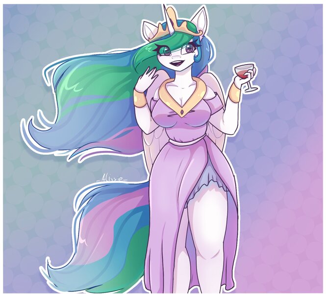 Size: 1810x1633 | Tagged: safe, artist:_alixxie_, artist:alixxie04, derpibooru import, princess celestia, alicorn, anthro, alcohol, breasts, cleavage, clothes, dress, eye clipping through hair, female, glass, gradient background, image, jpeg, open mouth, open smile, outline, smiling, solo, white outline, wine, wine glass, wings