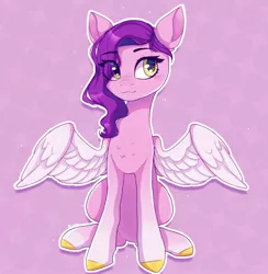 Size: 1537x1572 | Tagged: safe, artist:_alixxie_, artist:alixxie04, derpibooru import, pipp petals, pegasus, pony, my little pony: a new generation, blushing, eye clipping through hair, female, g5, hair over one eye, image, jpeg, mare, outline, pink background, simple background, sitting, solo, spread wings, white outline, wings