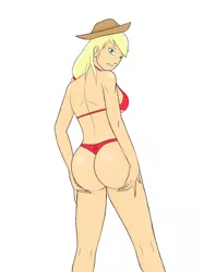 Size: 1024x1371 | Tagged: suggestive, artist:sandypeacebringer, derpibooru import, applejack, equestria girls, 2019, applebutt, applejack's hat, butt, butt grab, butt touch, clothes, cowboy hat, female, grabbing hips, grope, hat, image, jpeg, looking back, partial nudity, ponytail, red bra, red thong, sexy, solo, solo female, swimsuit, tall