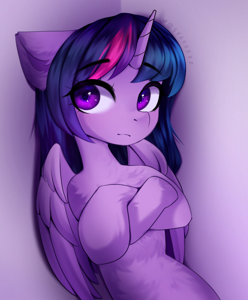 Size: 1208x1461 | Tagged: safe, artist:shavurrr, derpibooru import, twilight sparkle, twilight sparkle (alicorn), alicorn, pony, crossed hooves, female, image, jpeg, looking at you, mare, purple background, simple background, solo