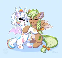 Size: 5120x4800 | Tagged: safe, artist:confetticakez, artist:dandy, derpibooru import, oc, oc:confetti cupcake, oc:sylvia evergreen, unofficial characters only, bat pony, pegasus, pony, absurd resolution, bat wings, blushing, collaboration, duo, ear fluff, eyes closed, fangs, female, freckles, hair tie, hat, holding hooves, hug, image, light blue background, open mouth, party hat, png, simple background, smiling, wings