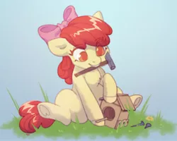 Size: 3108x2485 | Tagged: safe, artist:helemaranth, derpibooru import, apple bloom, earth pony, pony, applebetes, bird house, chest fluff, cute, female, filly, frog (hoof), grass, hammer, high res, image, jpeg, mouth hold, solo, underhoof, weapons-grade cute