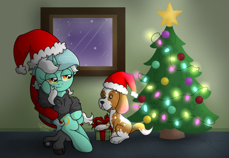 Size: 5832x4027 | Tagged: safe, artist:background basset, derpibooru import, lyra heartstrings, basset hound, dog, pony, unicorn, chair, christmas, christmas tree, holiday, image, png, present, sitting, tree, window