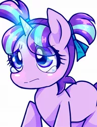 Size: 1571x2048 | Tagged: safe, artist:soranogawasekai, derpibooru import, starlight glimmer, pony, unicorn, crying, cute, female, filly, filly starlight glimmer, glimmerbetes, glow, glowing horn, horn, image, jpeg, pigtails, sad, sadorable, scene interpretation, solo, younger