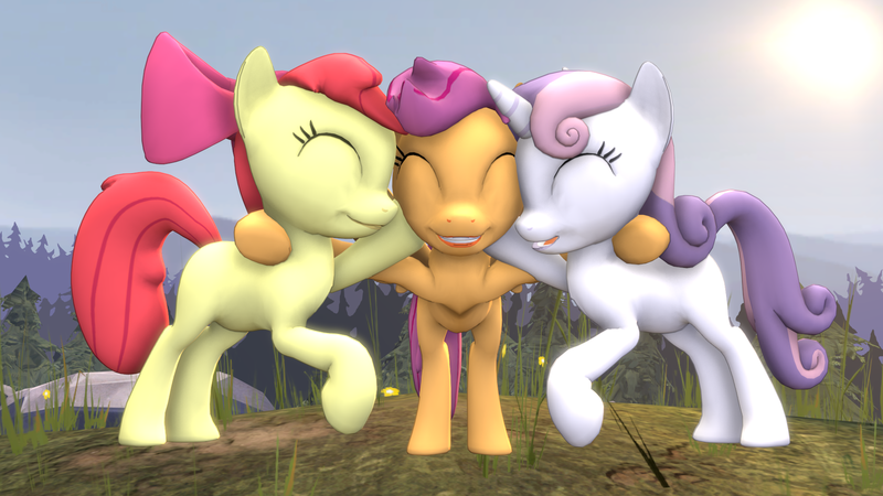 Size: 1920x1080 | Tagged: safe, artist:drdicksamazingstick, derpibooru import, apple bloom, scootaloo, sweetie belle, earth pony, pegasus, pony, unicorn, 3d, cutie mark crusaders, female, filly, hug, image, png