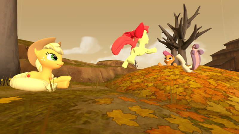 Size: 2560x1440 | Tagged: safe, artist:drdicksamazingstick, derpibooru import, apple bloom, applejack, scootaloo, sweetie belle, earth pony, pegasus, pony, unicorn, 3d, autumn, cutie mark crusaders, female, filly, image, mare, png