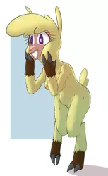 Size: 1004x1636 | Tagged: safe, artist:hitsuji, derpibooru import, alpaca, anthro, them's fightin' herds, bipedal, cloven hooves, community related, image, paprika (tfh), png, simple background, smiling, solo