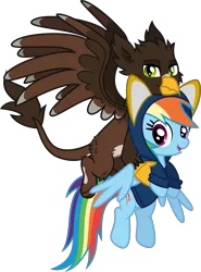 Size: 1973x2663 | Tagged: safe, artist:lightningbolt, derpibooru import, rainbow dash, oc, oc:quill rokbik, gryphon, pegasus, pony, derpibooru community collaboration, .svg available, 2022 community collab, beak, carrying, clothes, derpibooru exclusive, duo, e621, eared griffon, female, fluffy, flying, happy, hoodie, image, looking at you, male, mare, open mouth, partially open wings, paws, png, slit pupils, spread wings, talons, vector, wings
