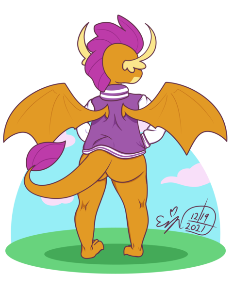 Size: 2400x3000 | Tagged: suggestive, artist:erynerikard, derpibooru import, smolder, dragon, bottomless, butt, clothes, digital art, from behind, image, letterman jacket, partial nudity, png, simple background, smolderriere, solo, thighs, transparent background, wings