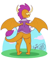 Size: 2400x3000 | Tagged: suggestive, artist:erynerikard, derpibooru import, smolder, dragon, bottomless, butt, clothes, digital art, from behind, image, letterman jacket, partial nudity, png, simple background, smolderriere, solo, thighs, transparent background, wings