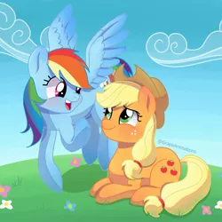 Size: 1080x1080 | Tagged: safe, artist:grapeanimations, derpibooru import, applejack, rainbow dash, earth pony, pegasus, pony, appledash, applejack's hat, cloud, cowboy hat, female, flower, flying, freckles, grass, hat, image, jpeg, lesbian, looking at each other, looking at someone, lying down, mare, open mouth, open smile, prone, raised hoof, shipping, sky, smiling, spread wings, wings