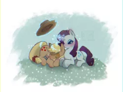 Size: 640x480 | Tagged: safe, artist:graveyardvideo, derpibooru import, applejack, rarity, earth pony, pony, unicorn, applejack's hat, blushing, cowboy hat, eyes closed, female, hat, image, lesbian, levitation, lying down, magic, png, prone, rarijack, shipping, sleeping, telekinesis