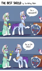 Size: 1800x3030 | Tagged: safe, artist:scribbling-potato, derpibooru import, zipp storm, pegasus, pony, my little pony: a new generation, ball, dialogue, facehoof, female, g5, helmet, hylian shield, image, izzy's tennis ball, jpeg, male, mare, meme, open mouth, royal guard, shield, smiling, stallion, tennis ball, text, the legend of zelda, thunder (g5), top gear, zoom zephyrwing