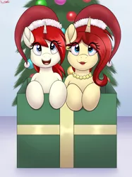 Size: 2695x3595 | Tagged: safe, artist:an-tonio, derpibooru import, oc, oc:golden brooch, oc:silver draw, pony, box, christmas, female, hat, holiday, image, mother and child, mother and daughter, png, pony in a box, santa hat, smiling, tree