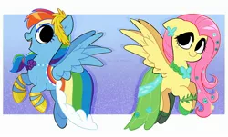 Size: 2893x1743 | Tagged: safe, artist:syrupyyy, derpibooru import, fluttershy, rainbow dash, pegasus, pony, clothes, dress, duo, ear piercing, earring, female, flower, flower in hair, gala dress, hoof shoes, image, jewelry, jpeg, mare, open mouth, piercing