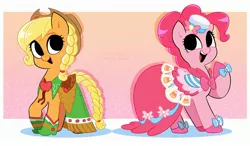 Size: 2979x1743 | Tagged: safe, artist:syrupyyy, derpibooru import, applejack, pinkie pie, earth pony, pony, alternate hairstyle, applejack's hat, boots, clothes, cowboy boots, cowboy hat, dress, duo, female, gala dress, hat, hoof shoes, image, jpeg, mare, open mouth, shoes