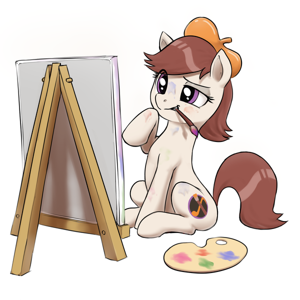 Size: 3600x3600 | Tagged: safe, artist:crade, ponybooru import, oc, oc:ausdruck, unofficial characters only, earth pony, pony, artist, brush, easel, female, image, mare, mouth hold, paint on fur, palette, png, raised hoof, raised leg, simple background, sitting, solo, white background