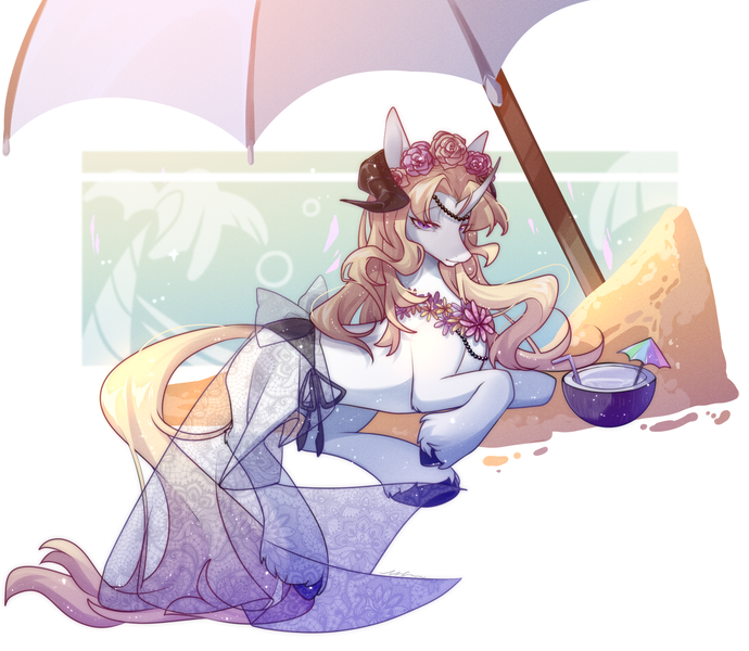 Size: 2300x2000 | Tagged: safe, artist:wuya, derpibooru import, parasol, oc, oc:altini white, pony, unicorn, coconut, floral head wreath, flower, food, image, lidded eyes, png, solo, umbrella