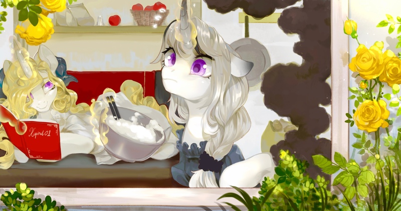 Size: 3220x1697 | Tagged: safe, artist:tingsan, derpibooru import, oc, oc:altini white, oc:chloe white, unofficial characters only, baking, book, curved horn, floppy ears, frown, horn, horns, image, jpeg, levitation, magic, smiling, telekinesis