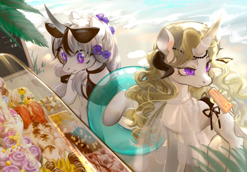 Size: 2388x1668 | Tagged: safe, artist:tingsan, derpibooru import, oc, oc:altini white, oc:chloe white, pony, unicorn, clothes, curved horn, dress, food, horn, horns, ice cream, image, jpeg, pastries, popsicle, sunglasses