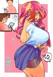Size: 1400x2000 | Tagged: suggestive, artist:sozglitch, derpibooru import, sunset shimmer, oc, oc:generic messy hair anime anon, human, equestria girls, big breasts, breasts, busty sunset shimmer, clothes, comic, exclamation point, female, female focus, floating heart, heart, huge breasts, humanized, image, interrobang, japanese, jpeg, male, mobile phone, moon runes, nail polish, open mouth, open smile, phone, question mark, selfie, skirt, skirt lift, smartphone, smiling, solo focus, straight