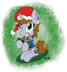 Size: 1439x1559 | Tagged: safe, artist:ebbysharp, derpibooru import, oc, oc:littlepip, pony, fallout equestria, candy, candy cane, christmas, food, hat, holiday, image, mouth hold, one eye closed, png, santa hat, solo, wink
