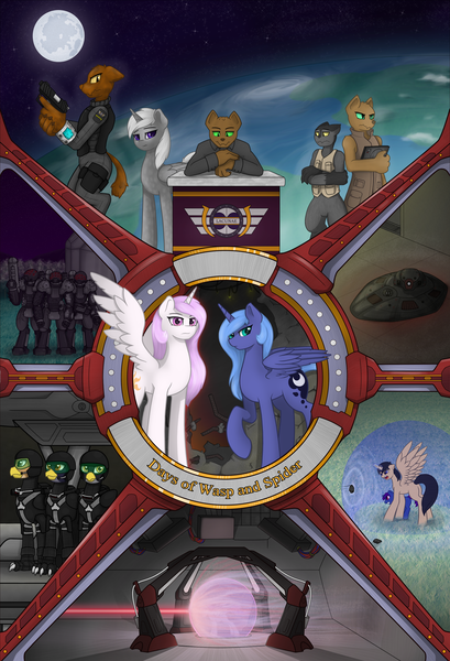 Size: 1279x1875 | Tagged: safe, artist:endrome, derpibooru import, princess celestia, princess luna, oc, oc:fusion pulse, oc:gravity resonance, oc:korn, oc:merlon, oc:orgon, oc:salrath, oc:vanca, alicorn, anthro, diamond dog, gryphon, pony, fanfic, fanfic:days of wasp and spider, alicorn oc, fanfic art, fanfic cover, horn, image, png, wings